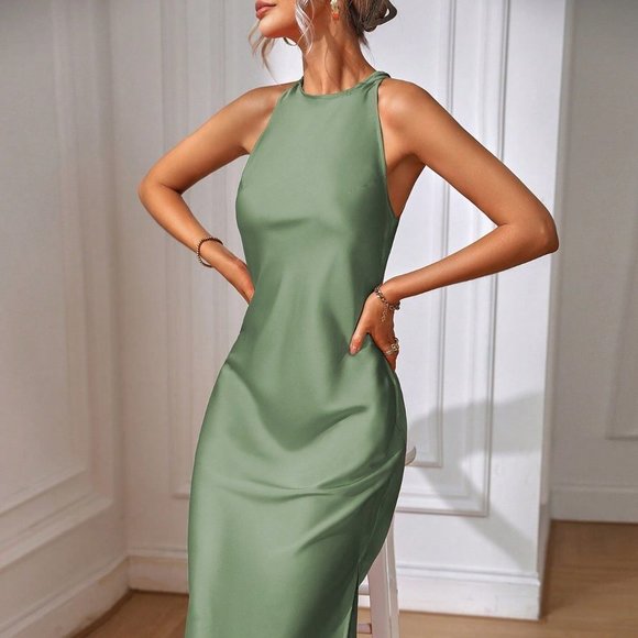 Green Preppy Womens Solid Split Thigh Dress - Picture 2 of 5